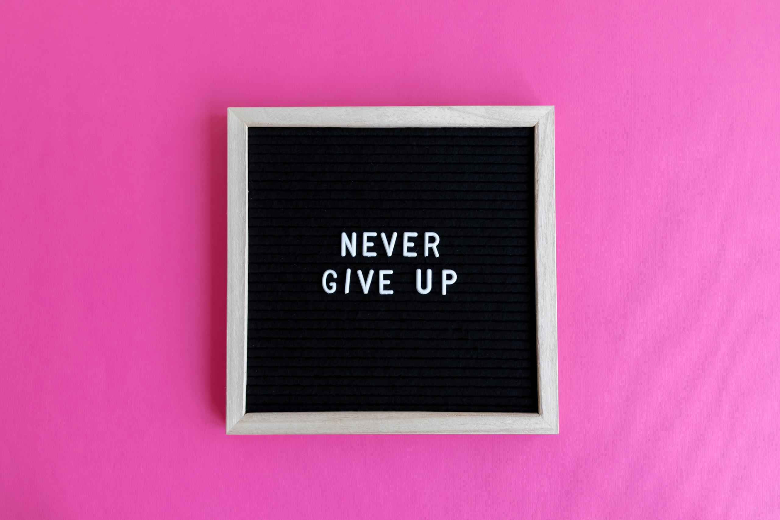 A framed letter board with 'NEVER GIVE UP' on a vibrant pink background.